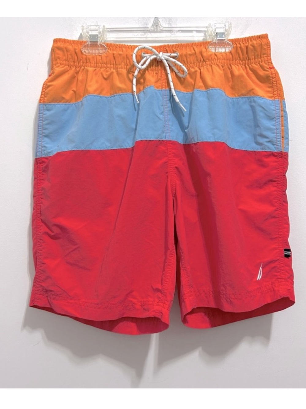 🔹Nautica Men’s Colorblock Swim Trunks in Red, Light Blue & Orange